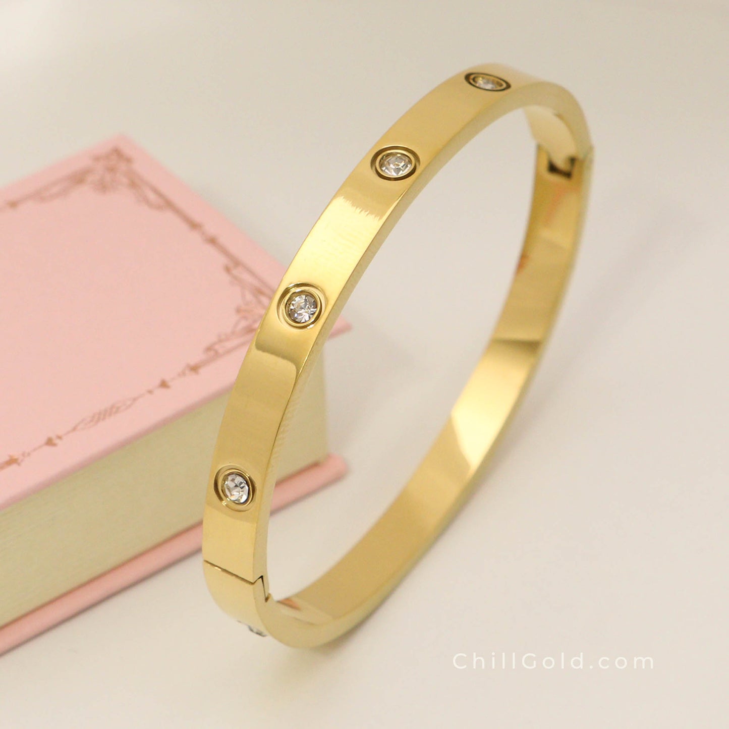 Golden Sparkle 18K Gold Plated Cubic Zirconia Hinged Bangle