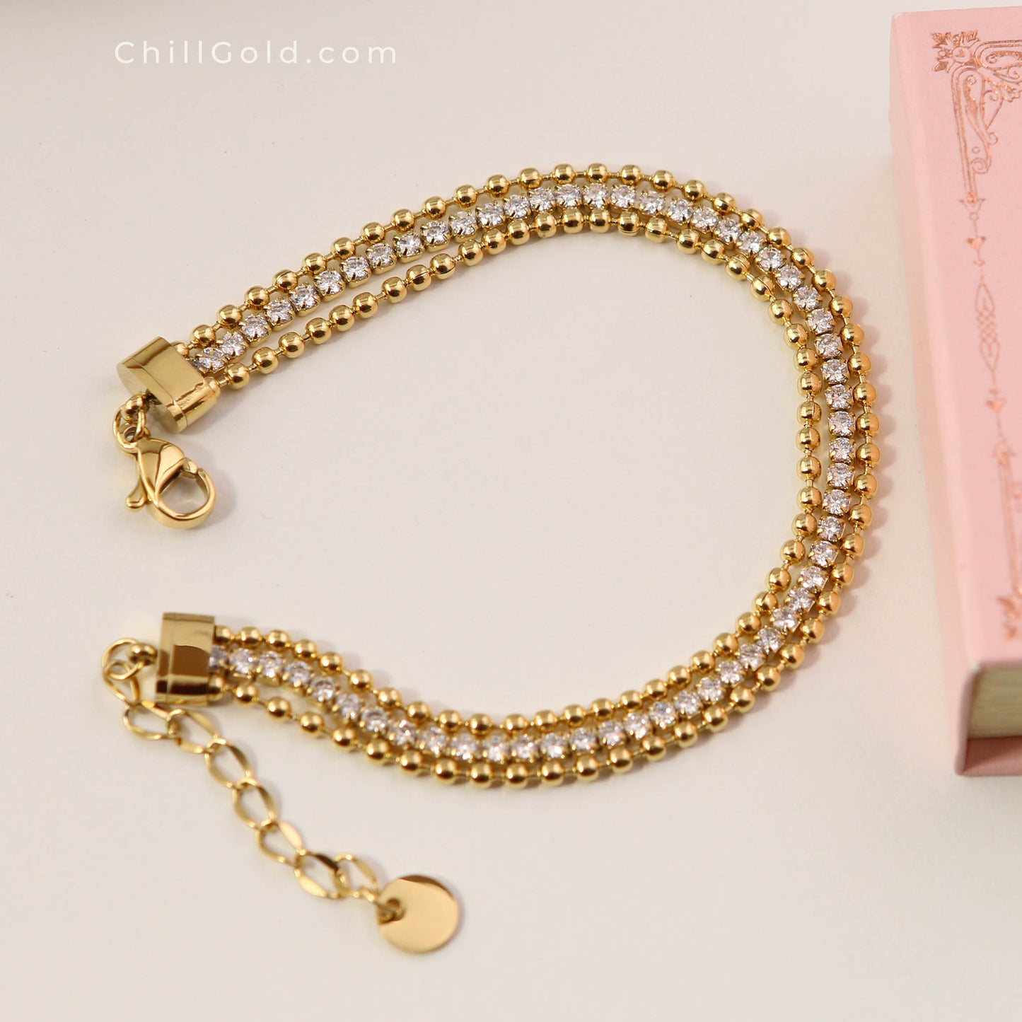 Gold Plated Layered Beaded & Zirconia Chain Bracelet