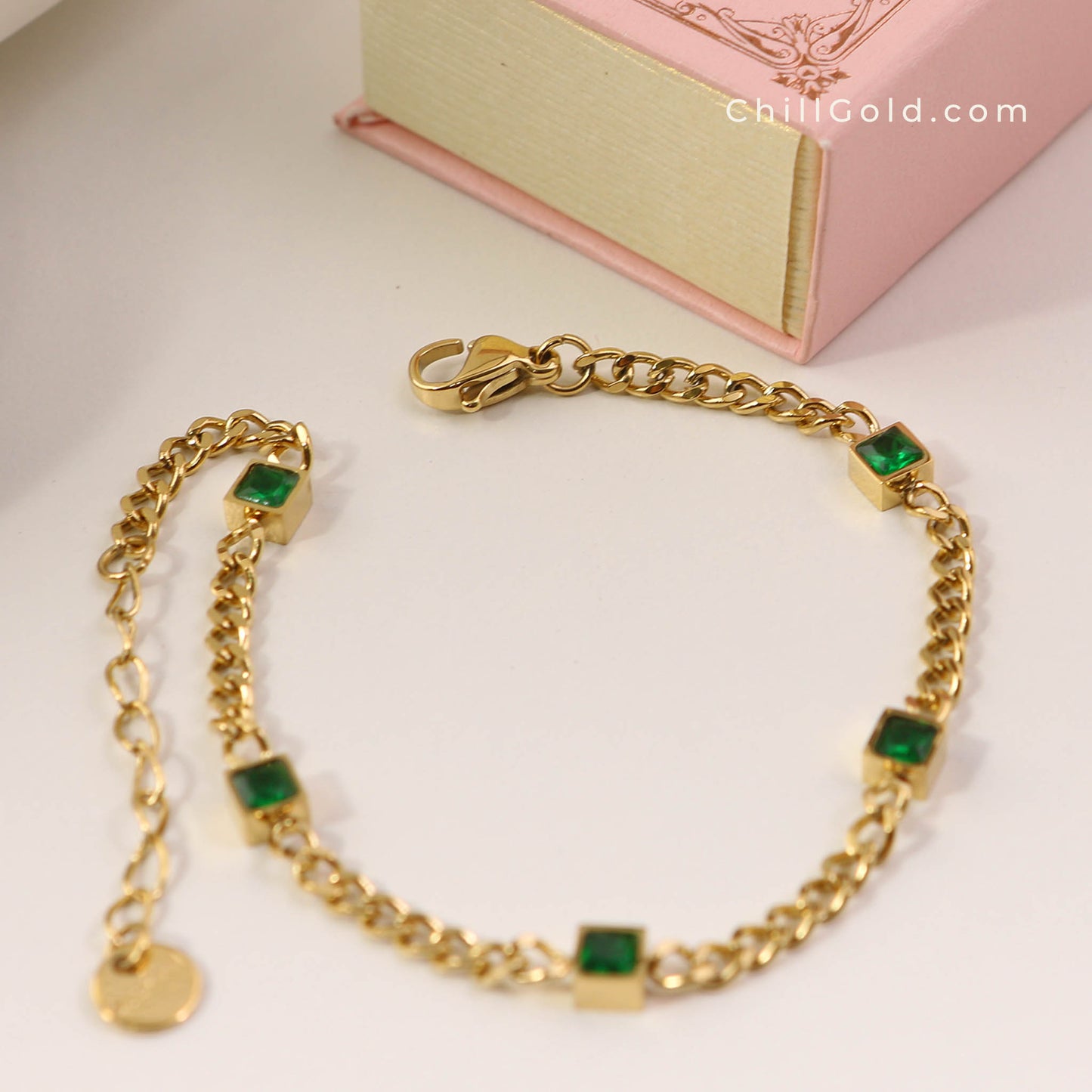 Gold Plated Green Cube Chain Bracelet