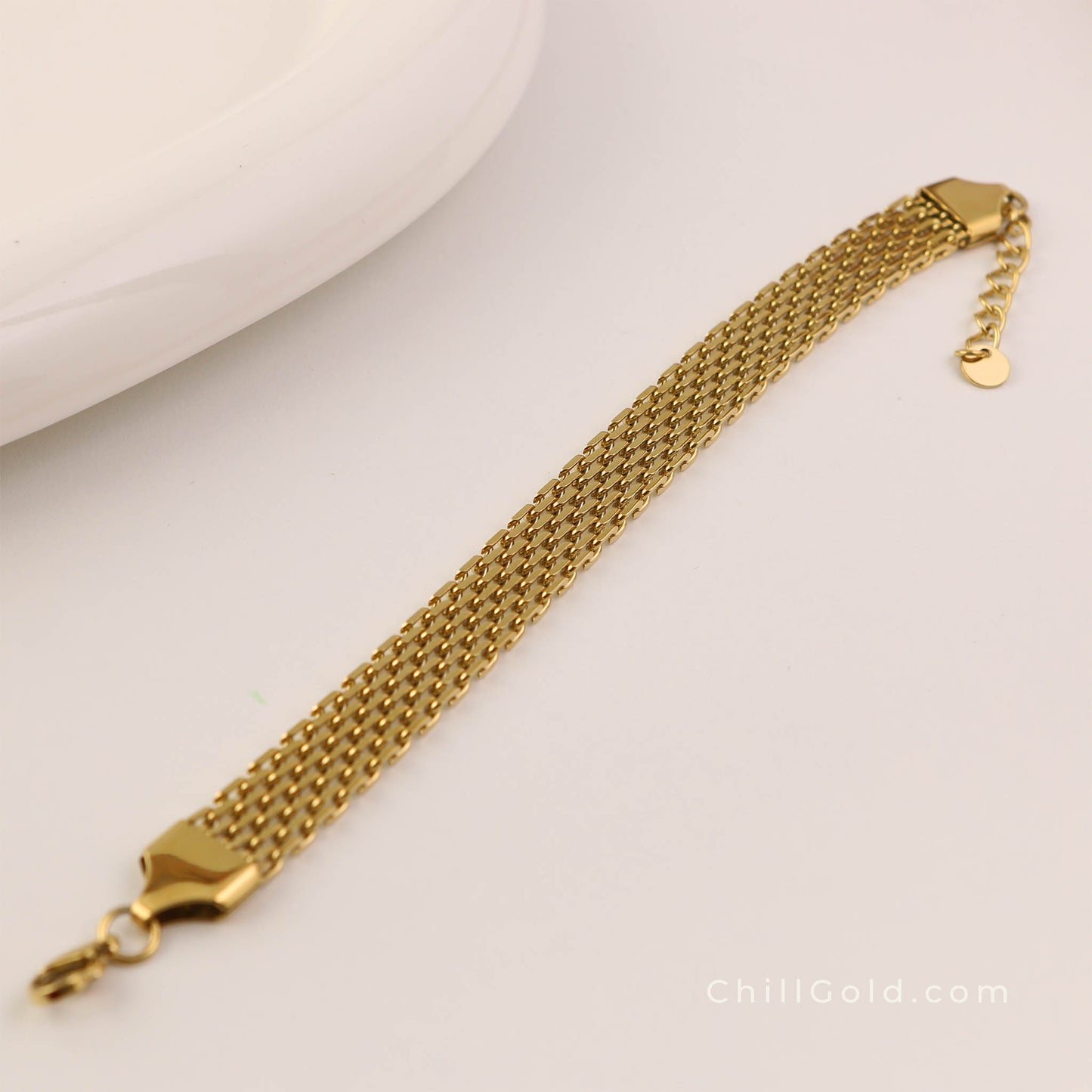 Elegant Gold Plated Wide Watchband & Mesh Chain Bracelet