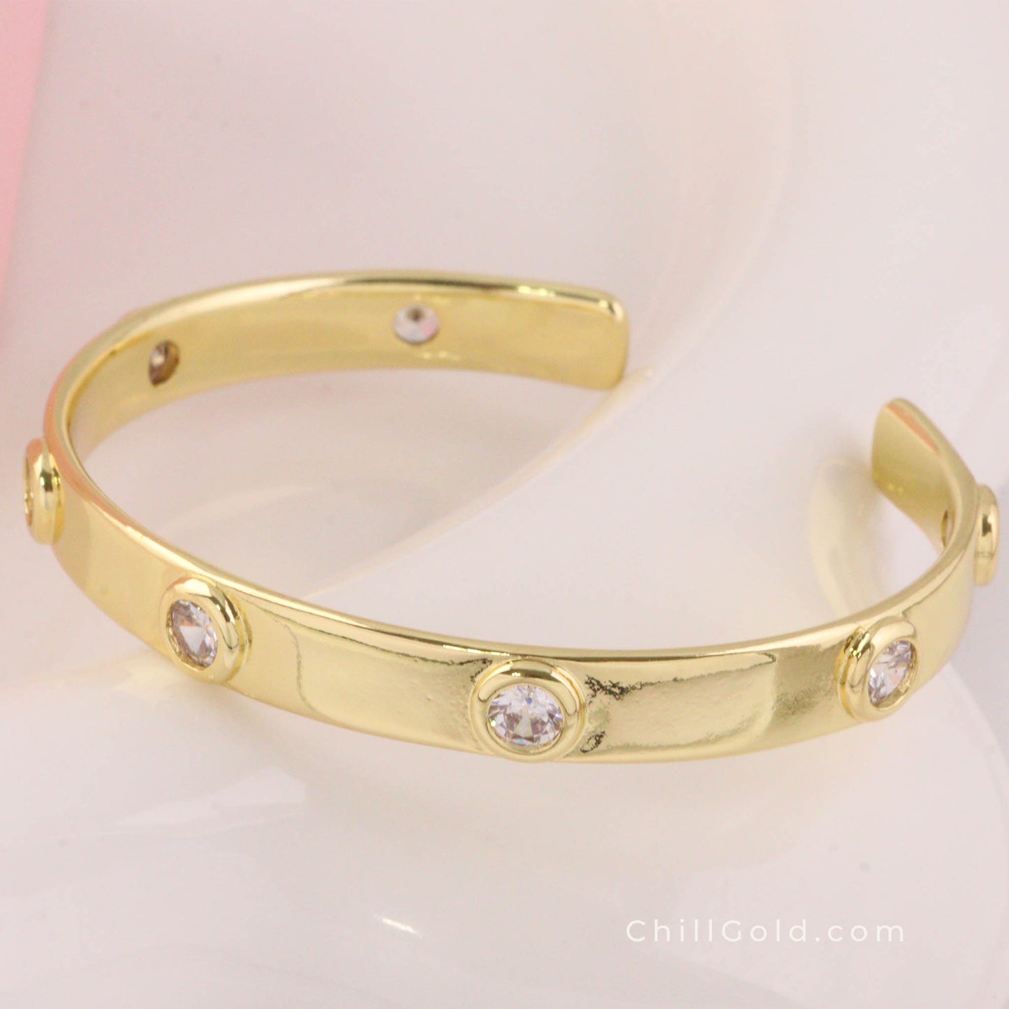 Clear Cubic Zirconia Flat Round Open Cuff Bangle
