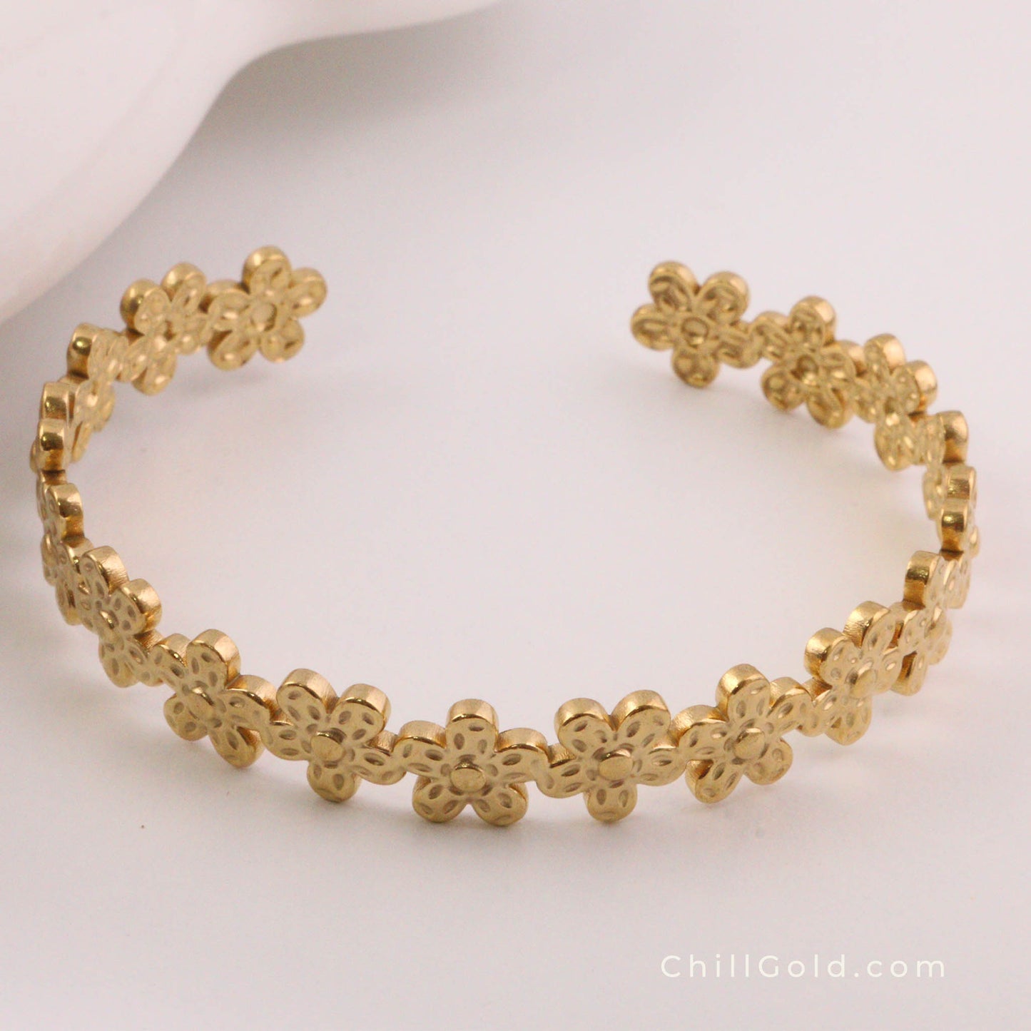 Real 18K Gold Plated Flower Open Cuff Bangle