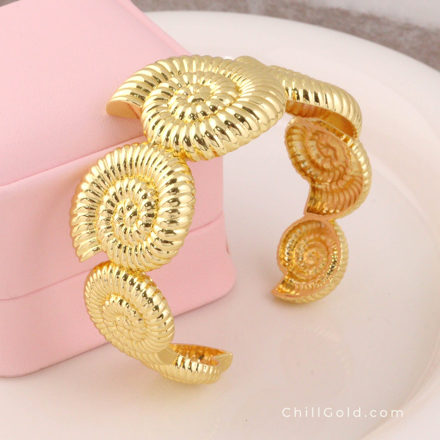 Real 18K Gold Plated Nautilus Shell Open Cuff Bangle
