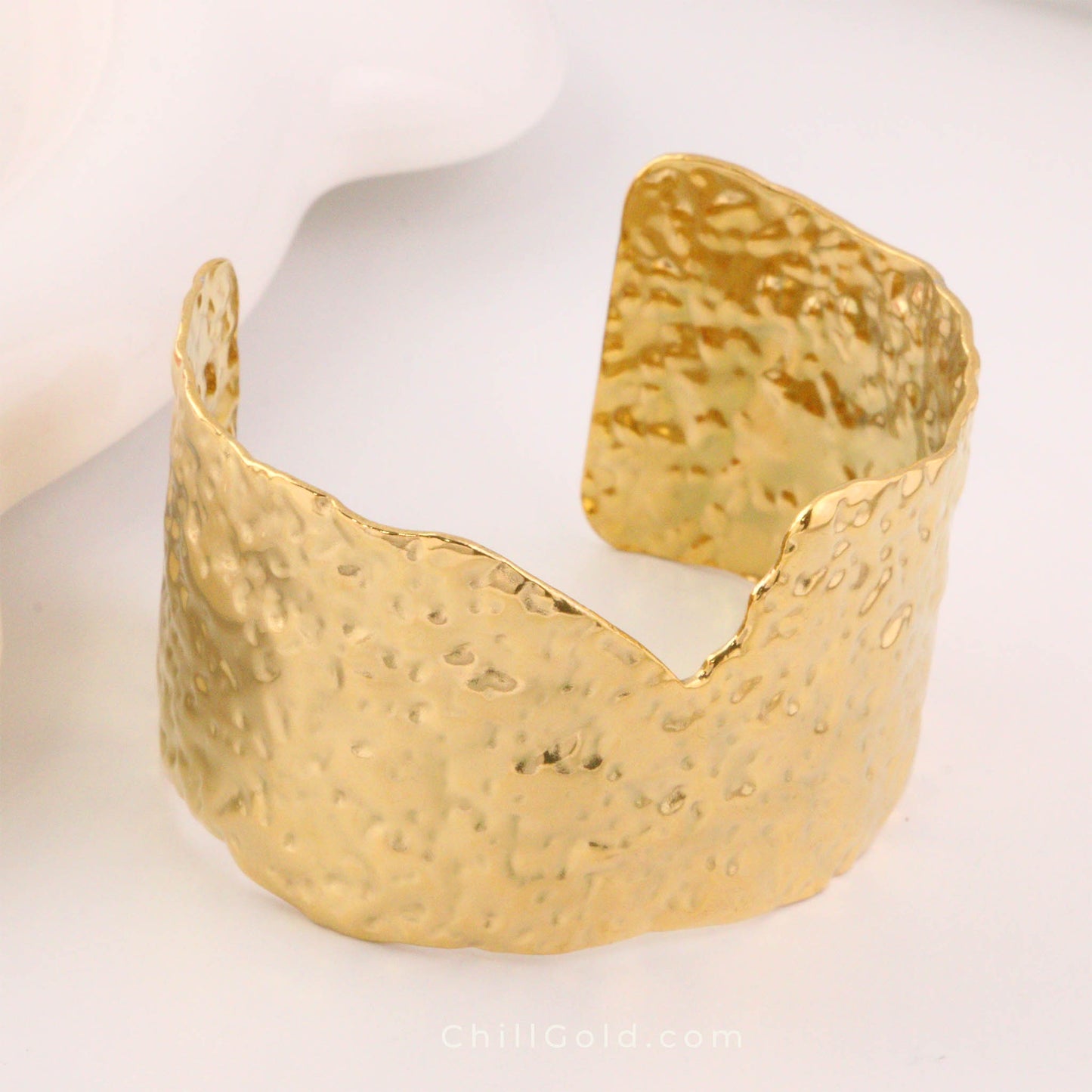 18K Gold Plated Wide Hammered Cuff Bangle