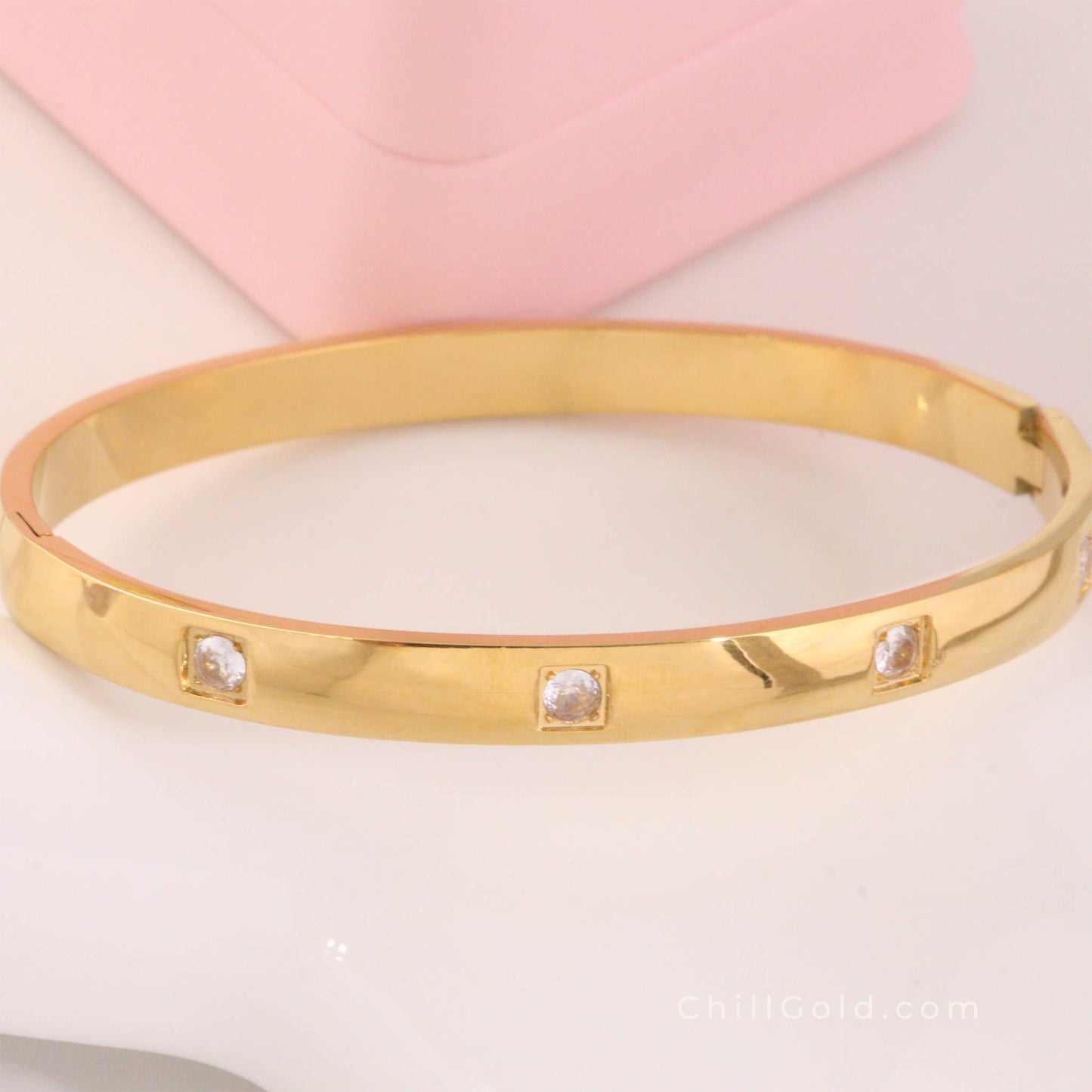 Zircon Beaded Open Bangle | Thick Gold Plated Vintage Bangle
