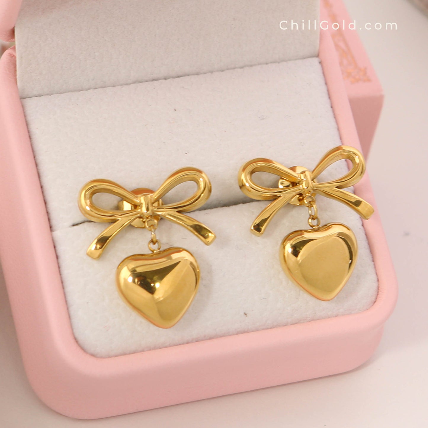 18K Gold Plated Bow & Heart Drop Earrings