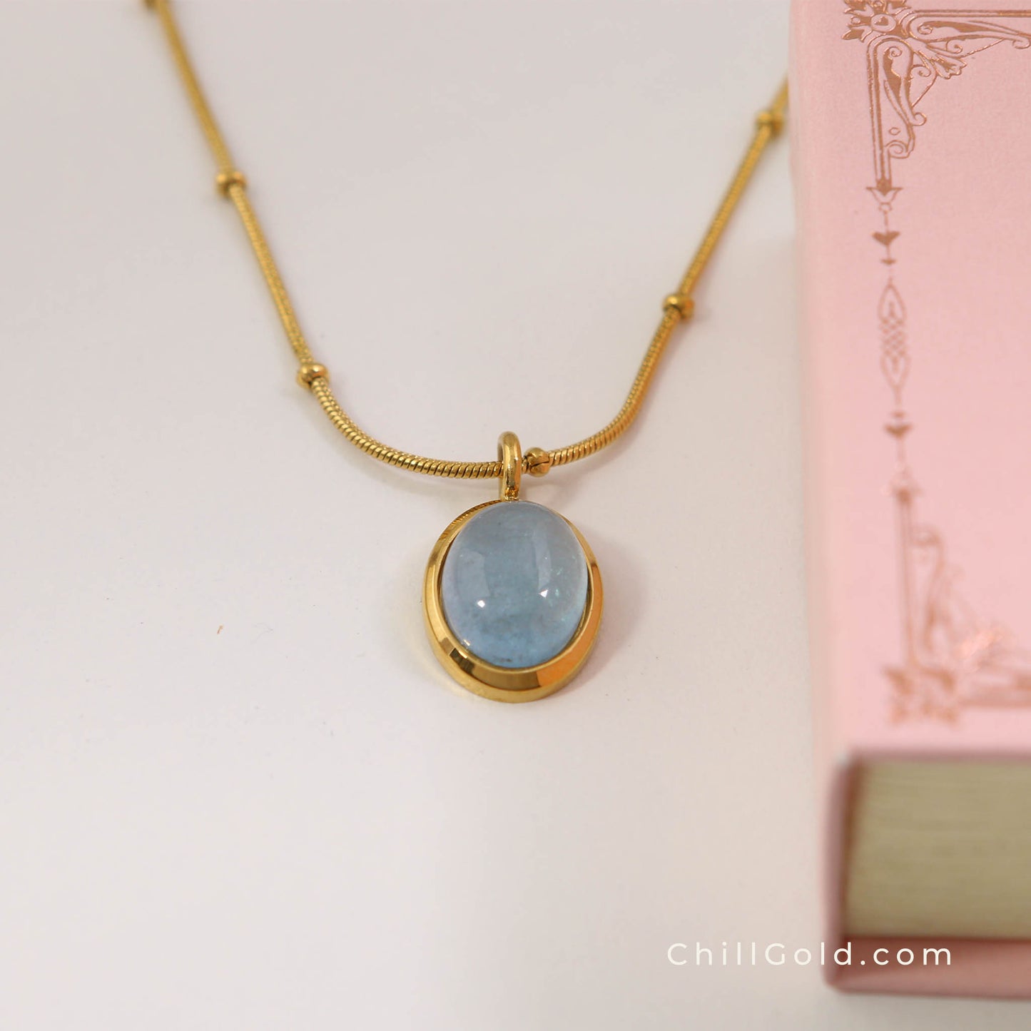 18K Gold Plated Oval Aquamarine Necklace