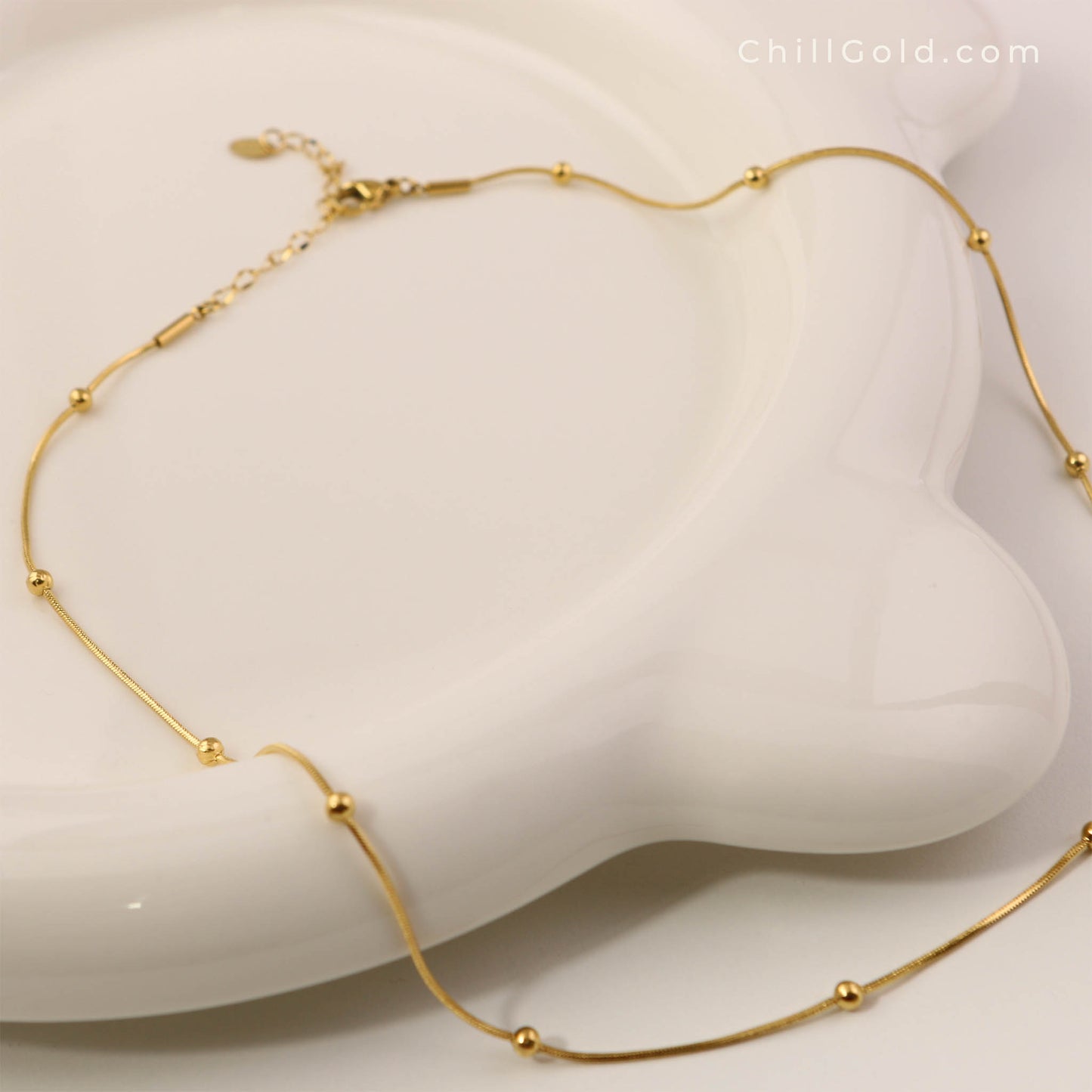 18K Gold Plated Snake Bone Chain Necklace with Beaded Accents