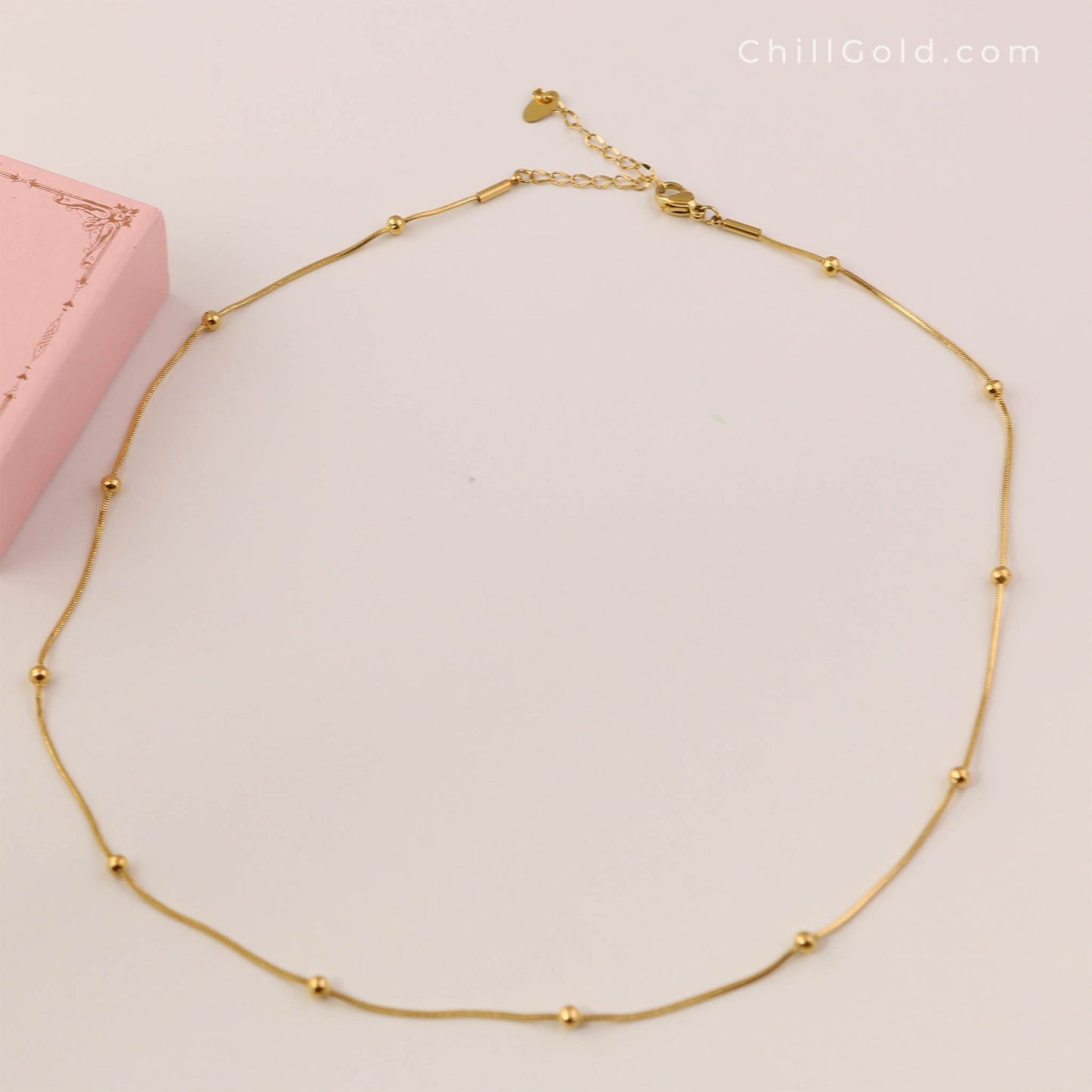 18K Gold Plated Snake Bone Chain Necklace with Beaded Accents