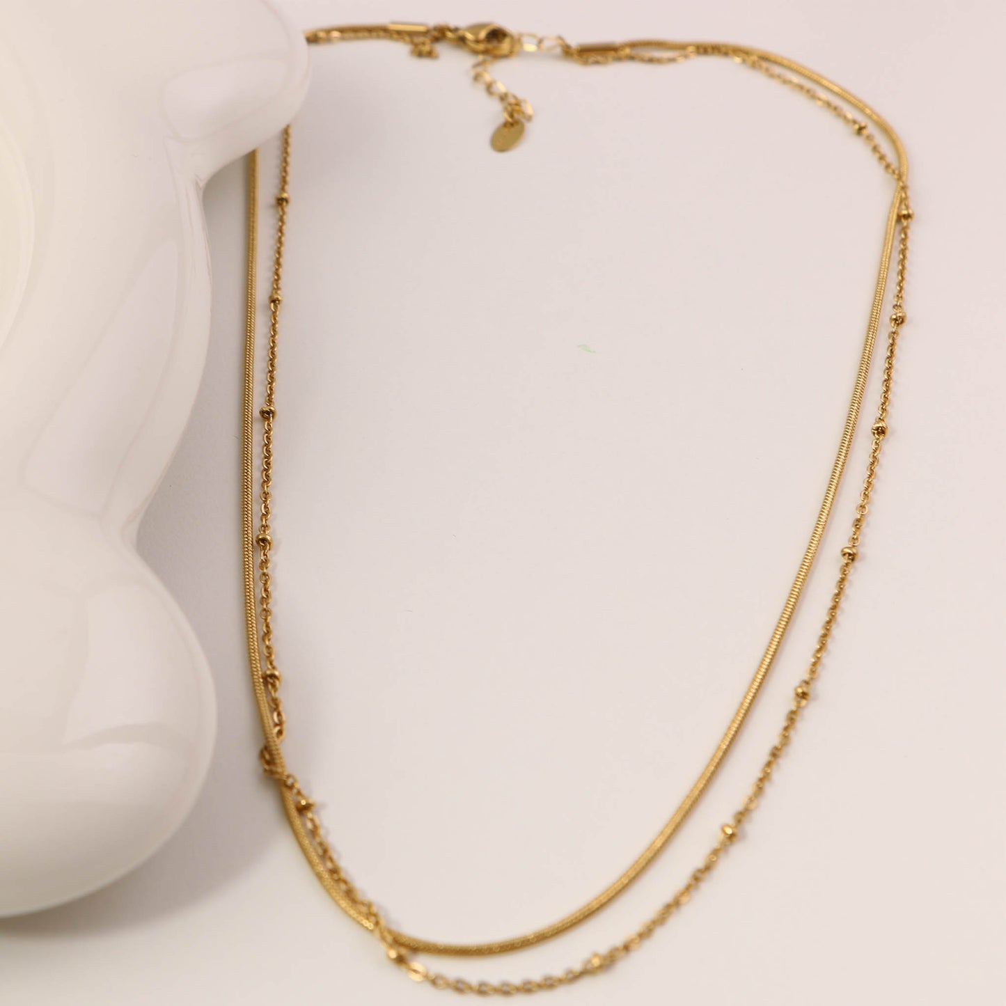 18K Gold Plated Double Layer Snake Bone & Beaded Chain Necklace