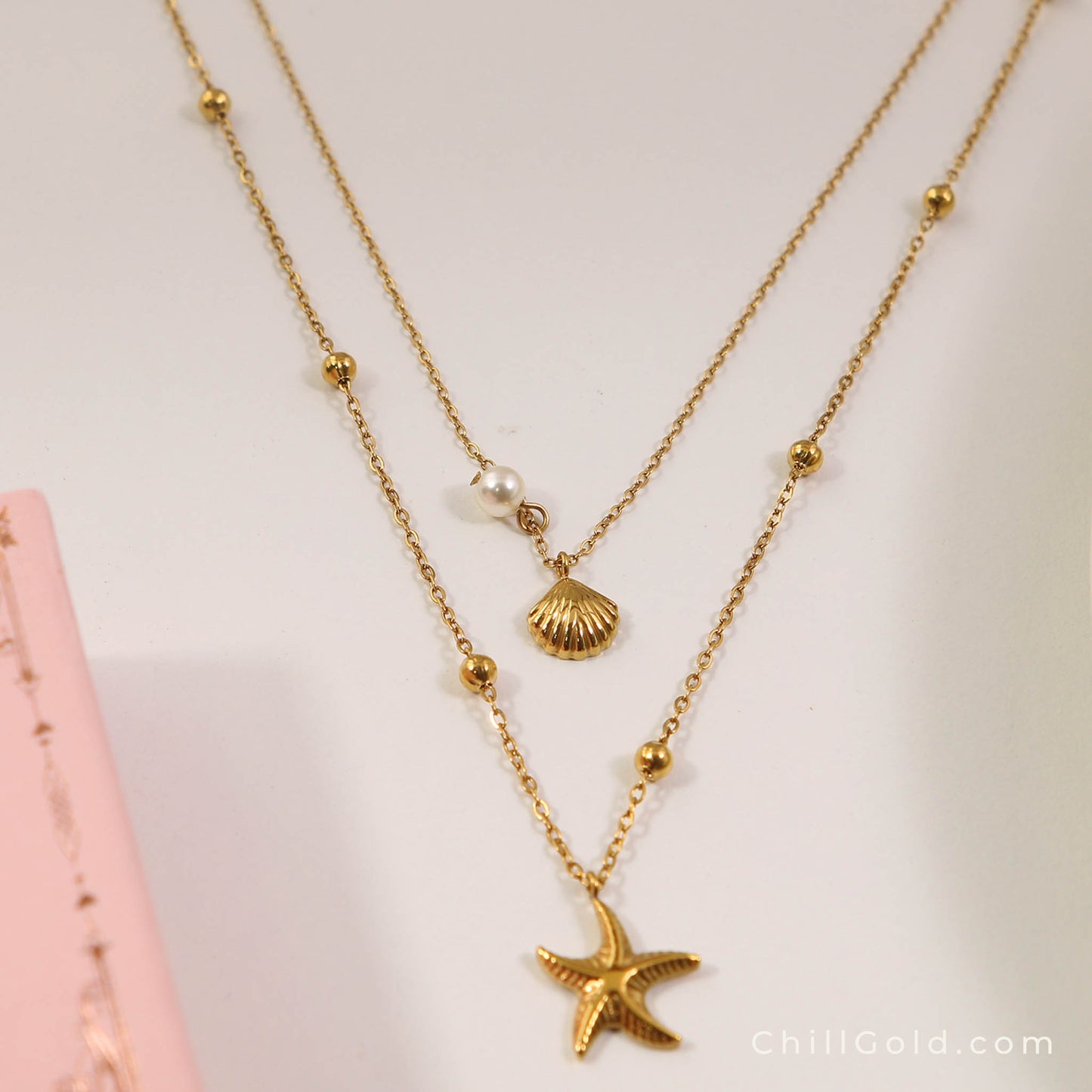18K Gold Plated Double Layer Starfish & Shell Vacation Choker Necklace