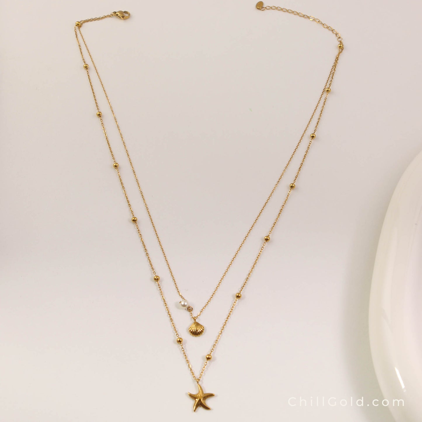 18K Gold Plated Double Layer Starfish & Shell Vacation Choker Necklace