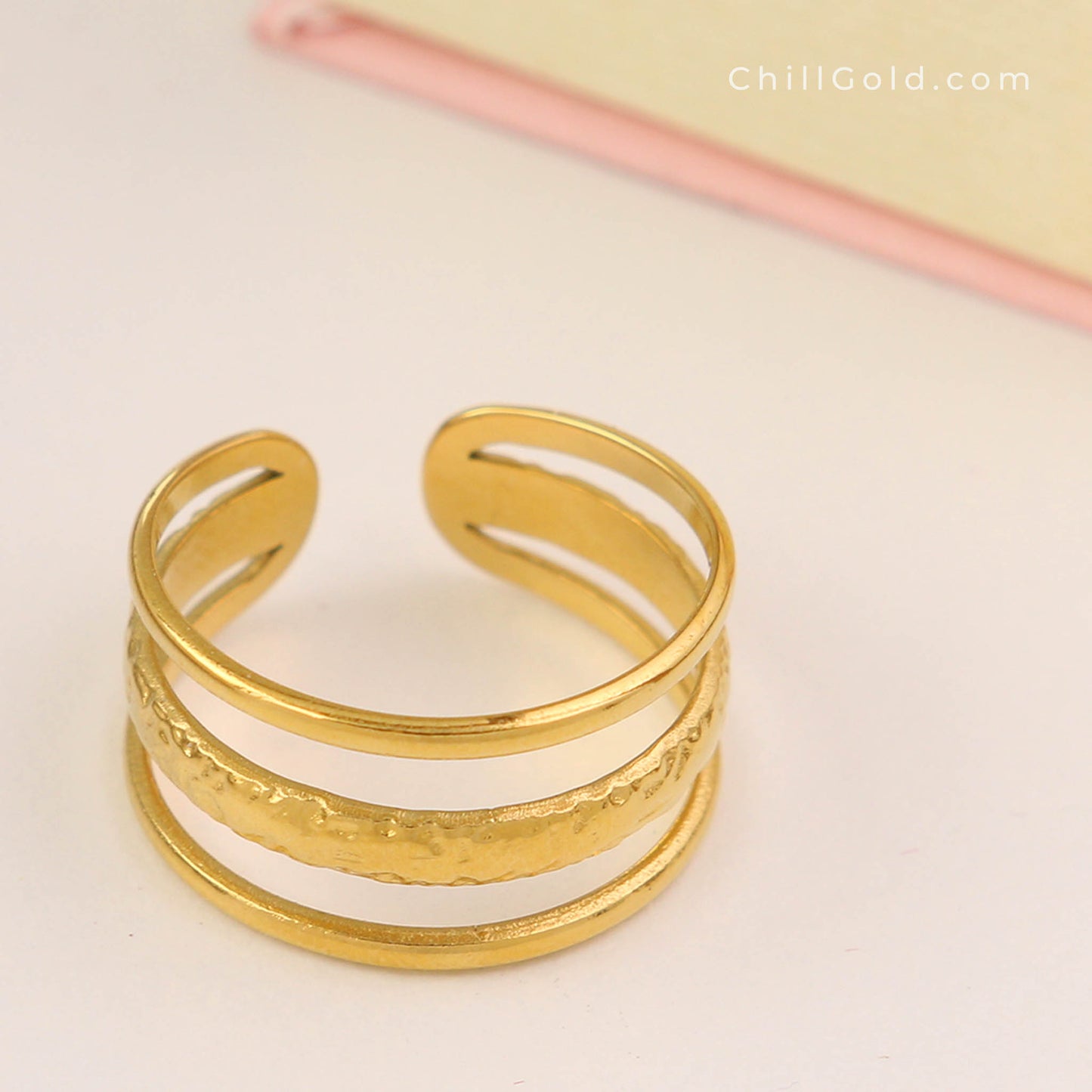 18K Gold Plated Multi-Band Textured Adjustable Ring