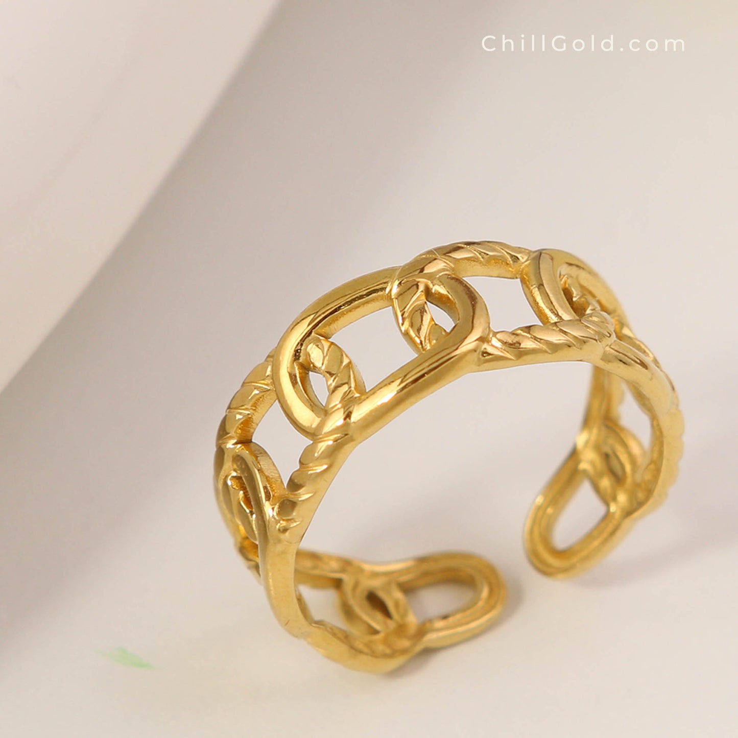 18K Gold Plated Open Chain Link Adjustable Ring
