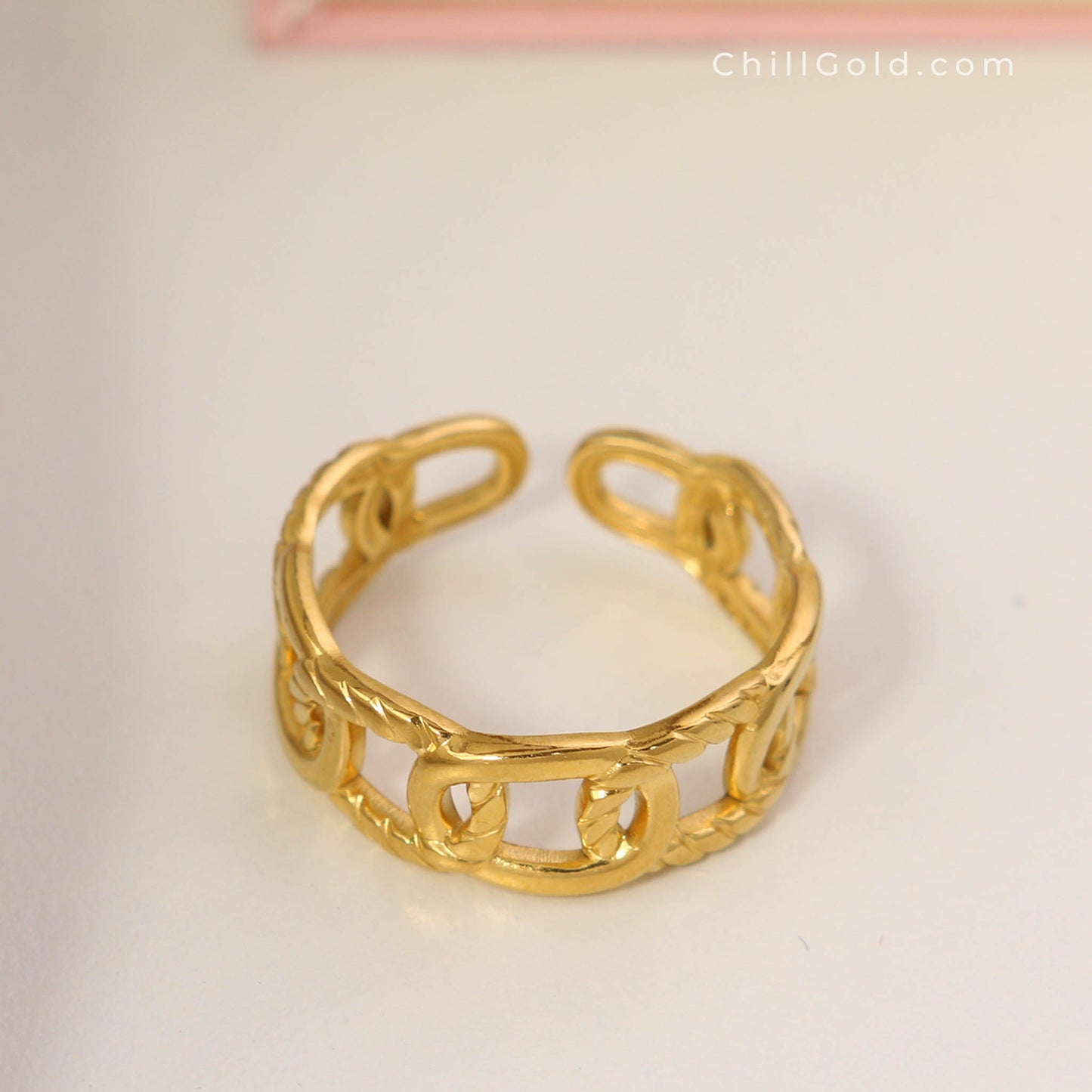 18K Gold Plated Open Chain Link Adjustable Ring