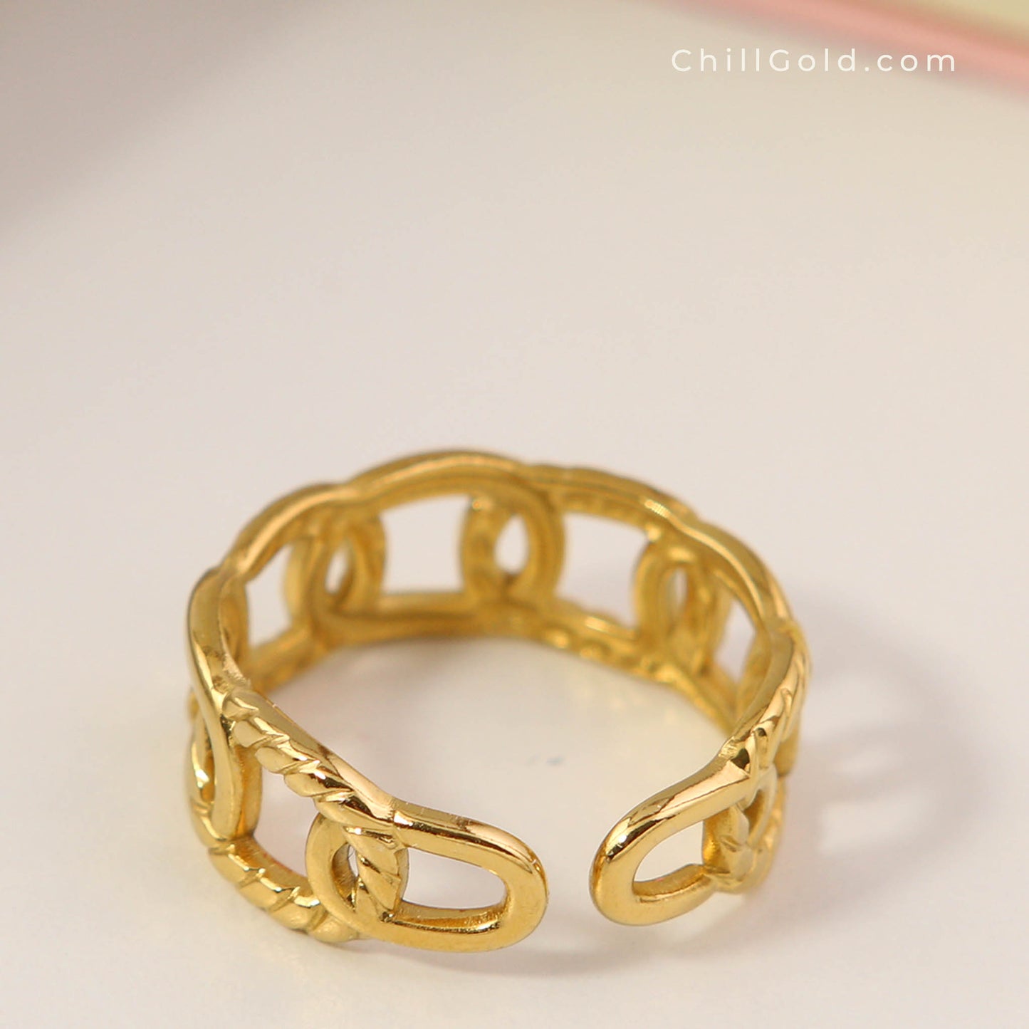 18K Gold Plated Open Chain Link Adjustable Ring