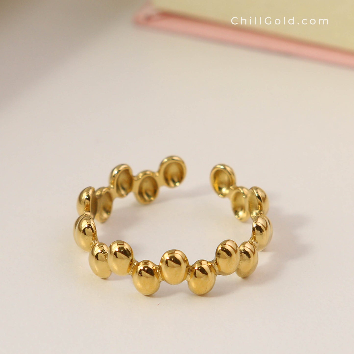 18K Gold Plated Stainless Steel Beaded Adjustable Ring