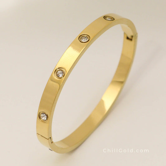 Golden Sparkle 18K Gold Plated Cubic Zirconia Hinged Bangle