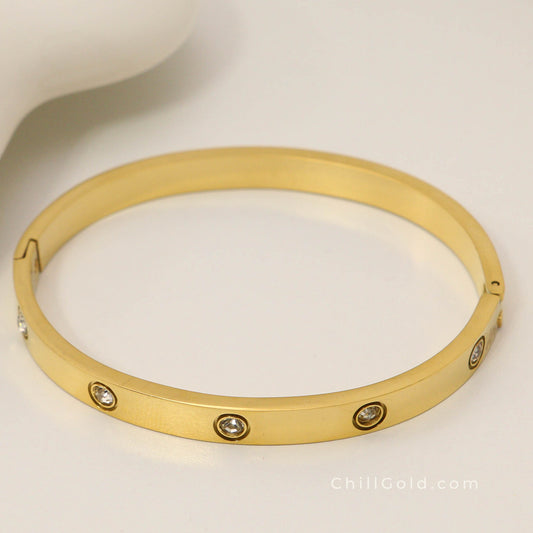 Golden Sparkle 18K Gold Plated Cubic Zirconia Hinged Bangle
