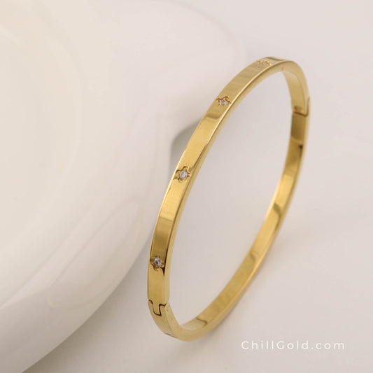 18K Gold Plated Clover Crystal Stone Bangle Bracelet