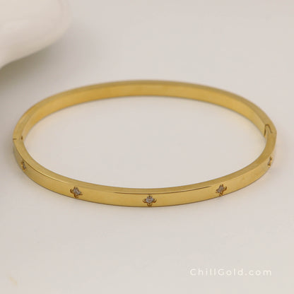 18K Gold Plated Clover Crystal Stone Bangle Bracelet