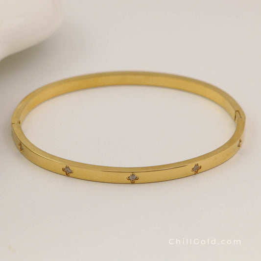 18K Gold Plated Clover Crystal Stone Bangle Bracelet