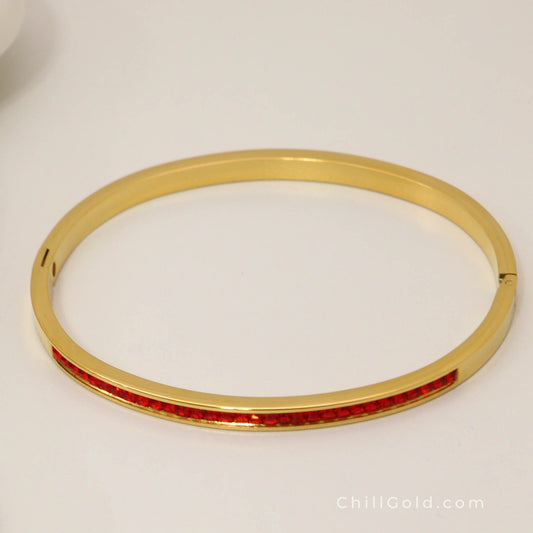 Crimson Glow 18K Gold Plated Red Rhinestone Bangle