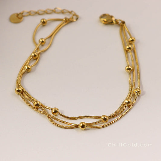 Gold Plated Layered Beaded Chain Bracelet