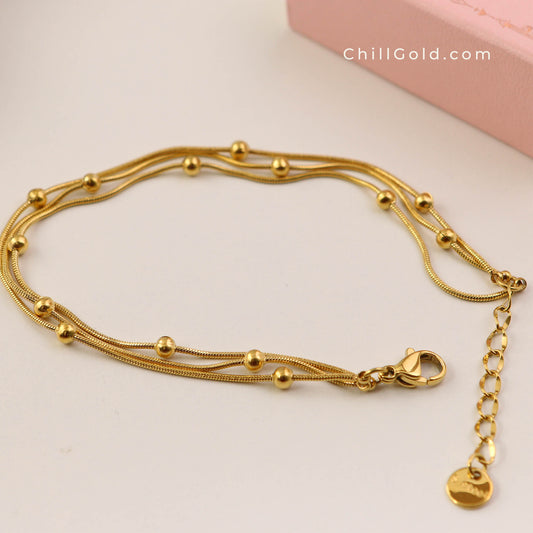 Gold Plated Layered Beaded Chain Bracelet