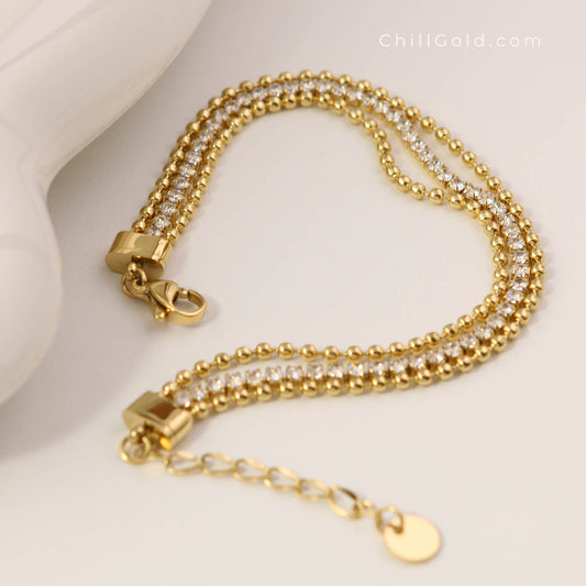 Gold Plated Layered Beaded & Zirconia Chain Bracelet