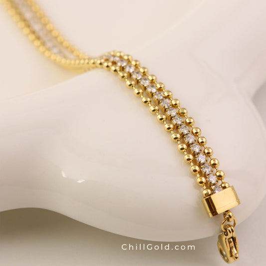 Gold Plated Layered Beaded & Zirconia Chain Bracelet
