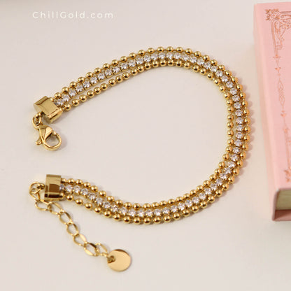 Gold Plated Layered Beaded & Zirconia Chain Bracelet