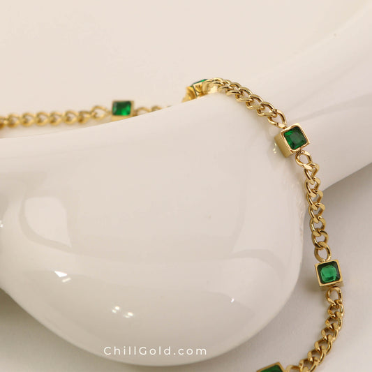 Gold Plated Green Cube Chain Bracelet