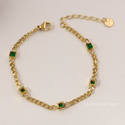 Gold Plated Green Cube Chain Bracelet