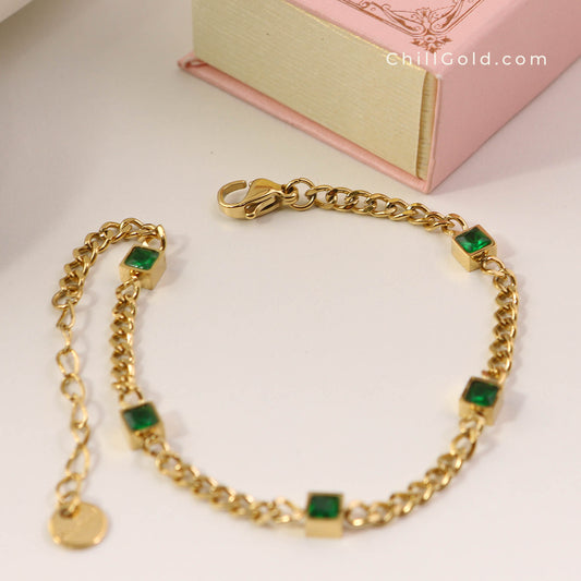 Gold Plated Green Cube Chain Bracelet