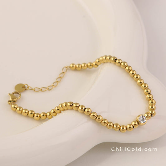 Gold Plated Stainless Steel Beaded Cubic Zirconia Bracelet