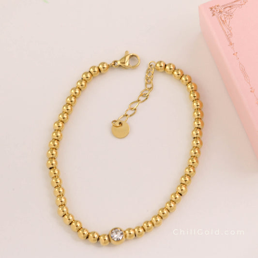 Gold Plated Stainless Steel Beaded Cubic Zirconia Bracelet
