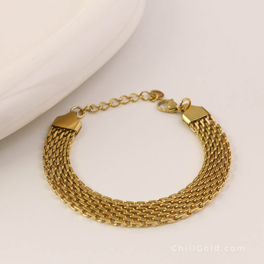 Elegant Gold Plated Wide Watchband & Mesh Chain Bracelet