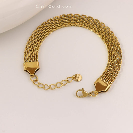 Elegant Gold Plated Wide Watchband & Mesh Chain Bracelet
