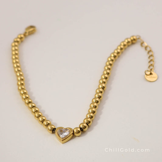 18K Gold Plated Heart Bead Bracelet