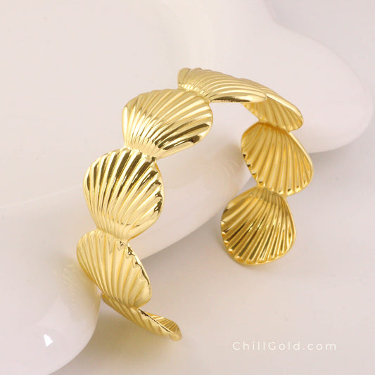 Real 14K Gold Plated Shell Shape Cuff Bangle