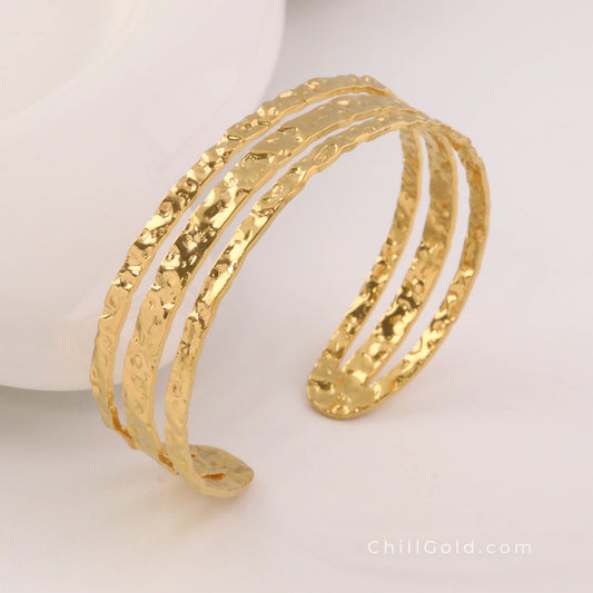 Gold-Plated Triple Line Cuff Bangle