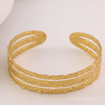 Gold-Plated Triple Line Cuff Bangle