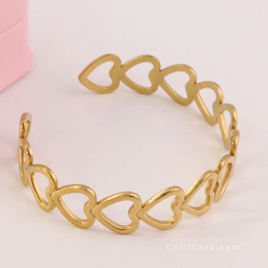 Real 18K Gold Plated Heart Open Cuff Bangle for Women