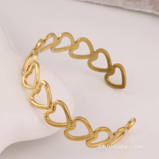 Real 18K Gold Plated Heart Open Cuff Bangle for Women