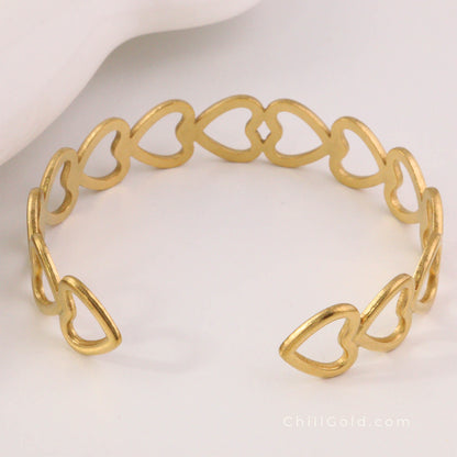 Real 18K Gold Plated Heart Open Cuff Bangle for Women