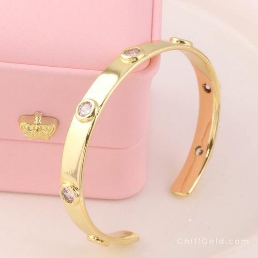 Clear Cubic Zirconia Flat Round Open Cuff Bangle