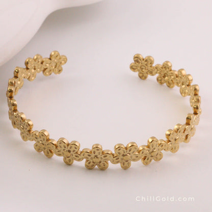 Real 18K Gold Plated Flower Open Cuff Bangle
