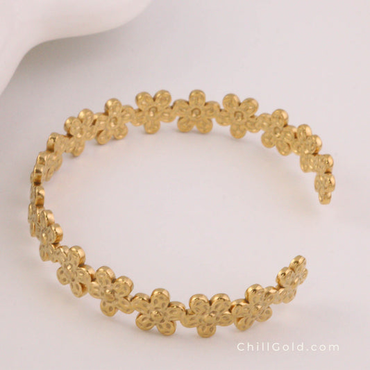 Real 18K Gold Plated Flower Open Cuff Bangle