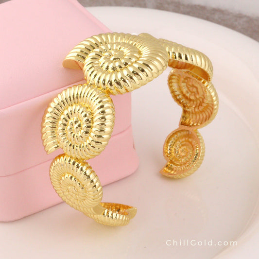 Real 18K Gold Plated Nautilus Shell Open Cuff Bangle